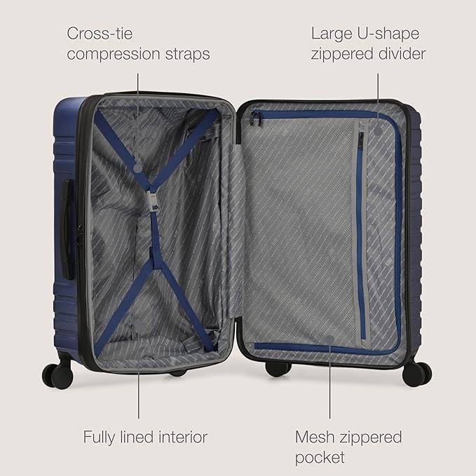 U.S. Traveler Boren Polycarbonate Hardside Rugged Travel Suitcase Luggage with 8 Spinner Wheels, Aluminum Handle, Navy, 2-Piece Set, USB Port in Carry-On