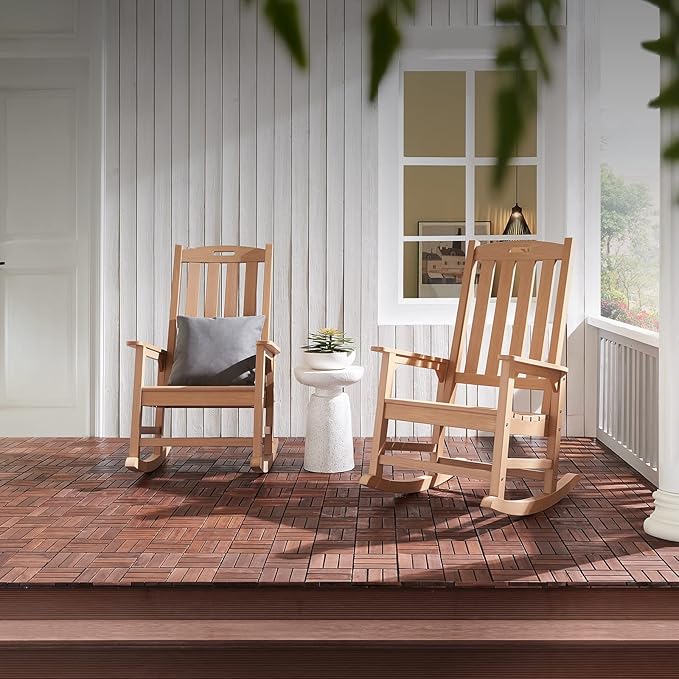 Psilvam Oversized Outdoor Rocking Chair, with 21" Wide Seat and 32" Tall Backrest, Pre-Assembled with Most Components for Effortless Installation (Teak Color)