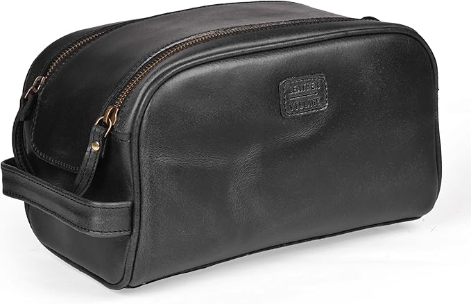 LEATHER VILLAGE Premium Leather Toiletry Travel Pouch With Waterproof Lining - Black | King-Size Handcrafted Vintage Cosmetic Organizer & Shaving Essential Bag
