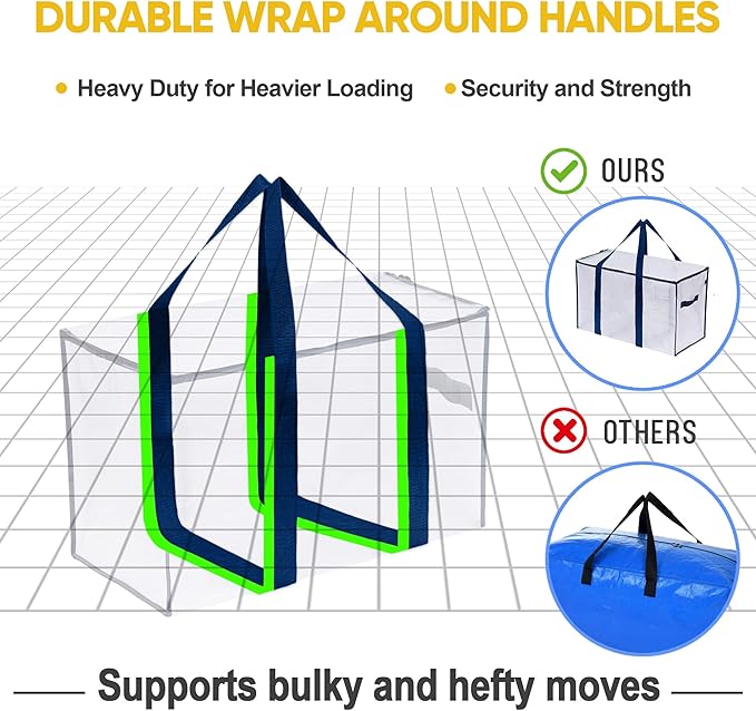 VENO 10 Pack Moving Bags, Heavy Duty, Moving Boxes Alternative, Packing Storage Supplies for Dorm Room Essentials with Zipper for Clothes, Extra Large Totes for Packaging (Clear, 10 Pack)