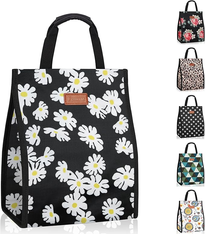Lunch Bags for Women Insulated Reusable Lunch Tote with Internal Pocket, Lunch Tote bag for Work（Daisy）