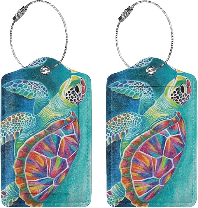 Sea Turtle Leather Luggage Tag with Stainless Steel Ring, Fun Name Id Card Cover Travel Bag Tag Set, Suitable for Travel Bag Luggage Women Men 2 PCS