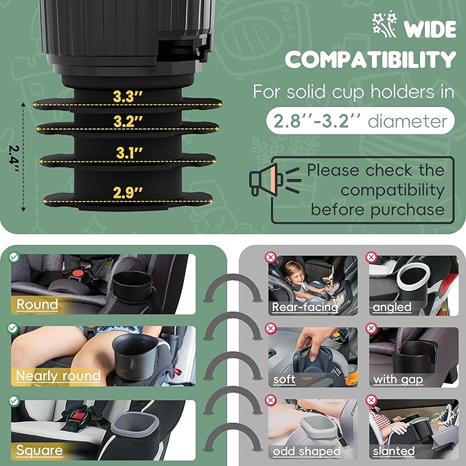 Upgraded Car Seat Tray for Kids Car Seat Tray with Expandable Base for Snacks, Toys, Books, Entertainment Kids Travel Essentials Fits 2.8''-3.2'' Cup Holders (1, Standard Base)