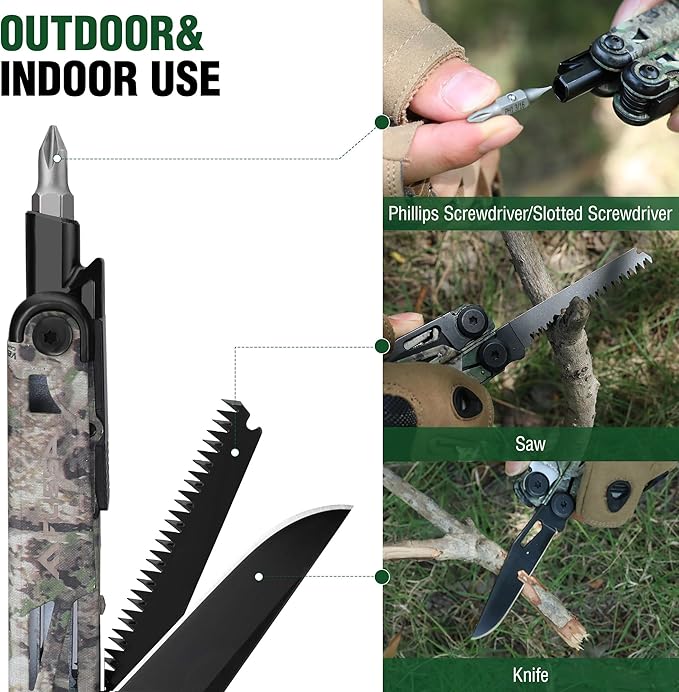 FLISSA Multitool, 15-in-1 Multi Tool Pocket Knife with Sheath, Stainless Steel EDC Multitool Pliers for Men, Camo All-in-One Tools for Camping, Fishing, Survival