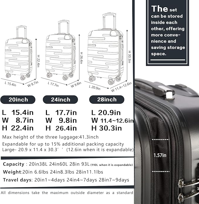 Coolife Luggage Expandable(only 28") Suitcase 3 Piece Set with TSA Lock Spinner 20in24in28in (purple)