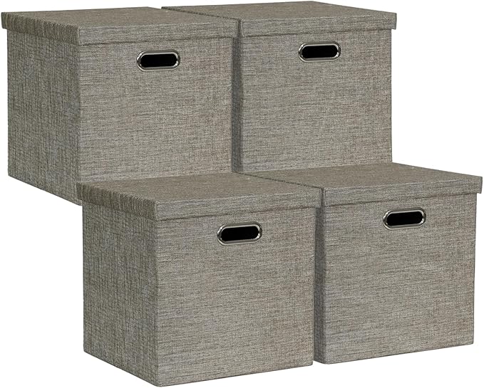 Posprica Storage Bins with Lids,13×13×13 Foldable Storage Cube Baskets Boxes Fabric Drawers for Closet Shelf Cabinet Bookcase,Set of 4,Coffee