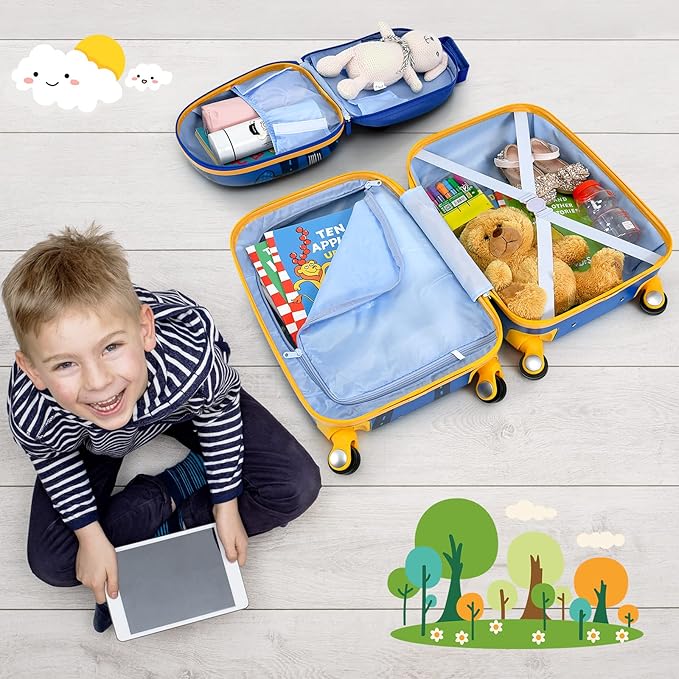 HONEY JOY Kids Luggage, 12" Toddler Backpack & 18" Travel Suitcase with Wheels, Lightweight Toddler Suitcase, Durable ABS Hardshell, 2Pcs Carry On Luggage Set for Boys Girls (Car)