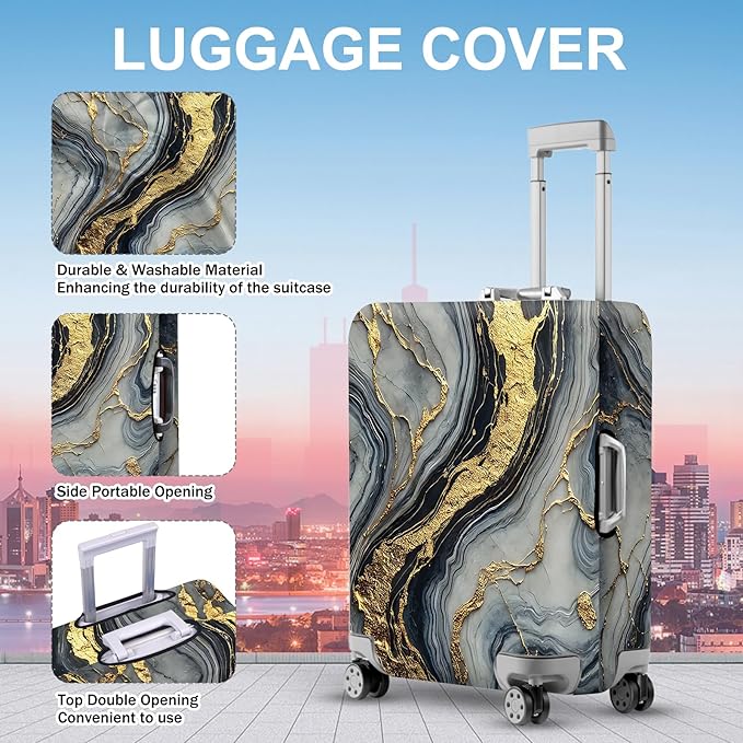 ANNA QUEEN Luxury Marble Gold Luggage Cover, Elegant Black & Grey Suitcase Protector with Faux Gold Vein Design, Stretchable, Washable Spandex Cover for 24-26 Inch Luggage