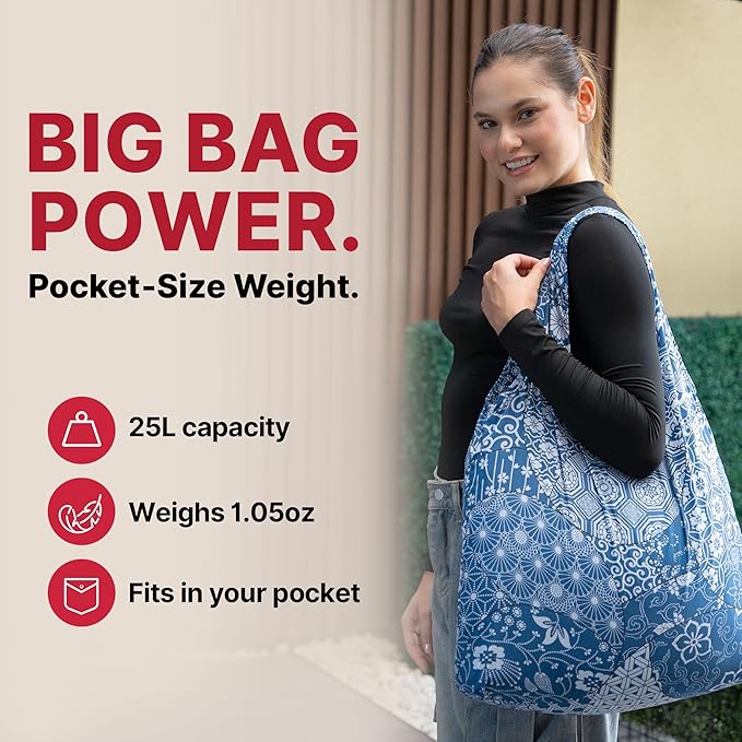 Nanobag Ultra-Lightweight Extra Large Size Tote Bag for Women & Men, Heavy Duty Reusable Grocery Bag, Foldable Travel Shopping Tote, Packable Cloth Bag with Handles, Washable Market Tote (Blue Waves)