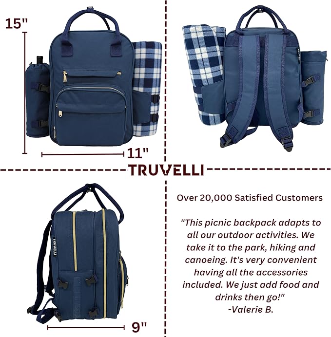 Truvelli Picnic Backpack for 4 with Blanket – 12-in-1 Insulated Picnic Basket Backpack Set with‬ Wine Holder, Cheese Board & Cutlery – Premium Picnic Back Pack for Family & Group‬ Adventures, Blue