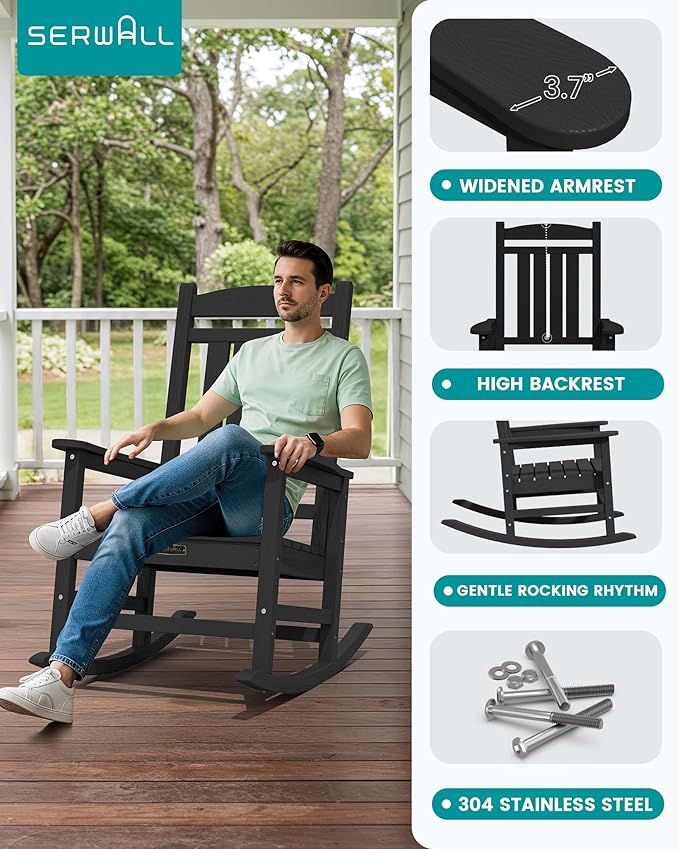 SERWALL Outdoor Rocking Chair, HDPE Patio Rocking Chair All-Weather Porch Rocker for Balcony, Yard, Black