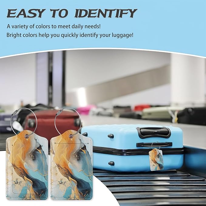 3 Pack Luggage Tag for Suitcase,Marble Gold Blue Leather Luggage Tags with Privacy Cover Name ID Label Identifiers Travel Bag Tags for Women Men Boys Girls