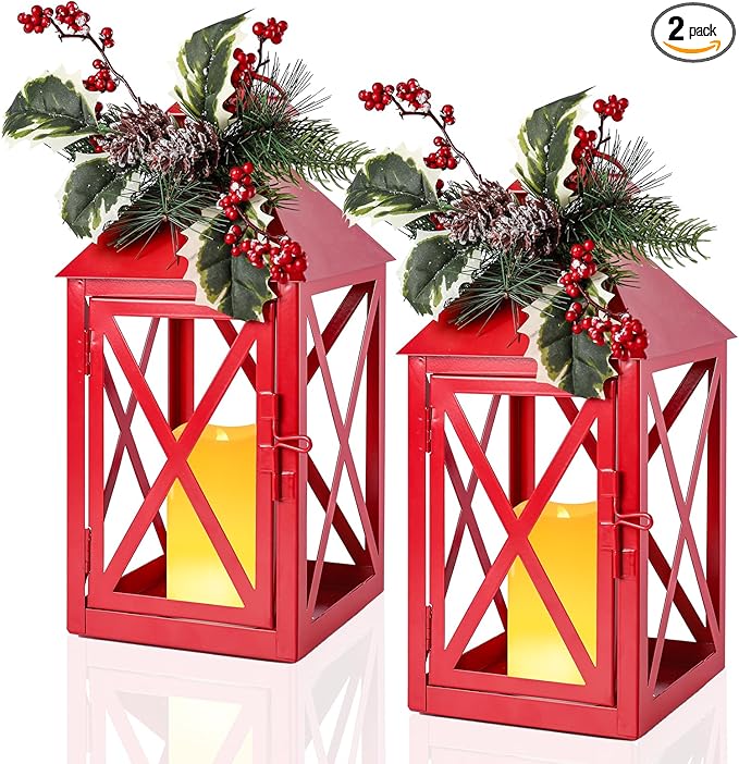 Christmas Lanterns Decorative Outdoor, Waterproof 14.2" Decorative Christmas Red Lantern Indoor Decor Metal Hanging Candle Holder LED Flameless Candle Lantern for Patio, Porch, 2 Packs