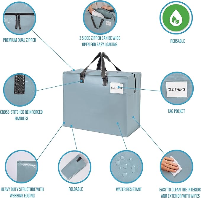 VENO 6 Pack Heavy Duty Moving Bags, Storage Bags, Packing Supplies, Top Zipper, Storage Totes for Camping, Clothes, Bedding, Comforters, Pillows (27 Gallon Light Blue, 6 Pack)