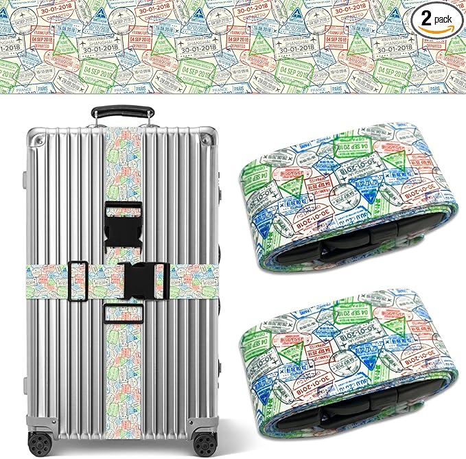 Luggage Straps for Suitcases TSA Approved, Luggage Identifiers for Suitcase, Adjustable Suitcase Strap for Baggage Security with Cute Patten, Travel Necessary Accessories (Travel Stamps)