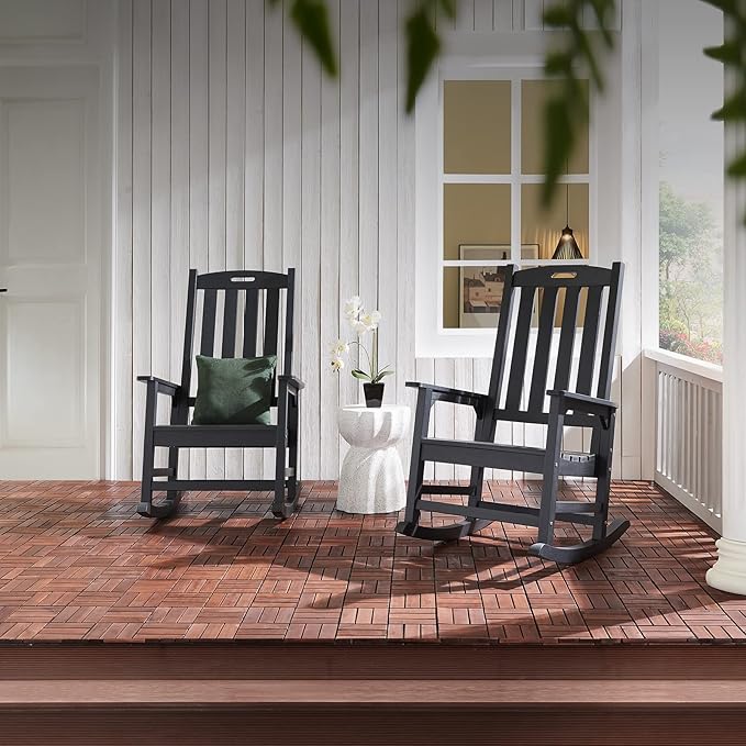 Psilvam Oversized Outdoor Rocking Chair Set of 2, Porch Rocker with 21" Wide Seat and 32" Tall Backrest, Pre-Assembled with Most Components for Effortless Installation (Carbon Black)