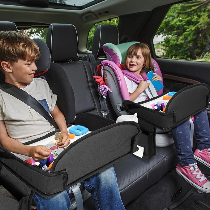 Kids Travel Tray for Car Seat, Toddler Road Trip Essentials With Drawing Kit, Travel Activities Must Haves (Black)