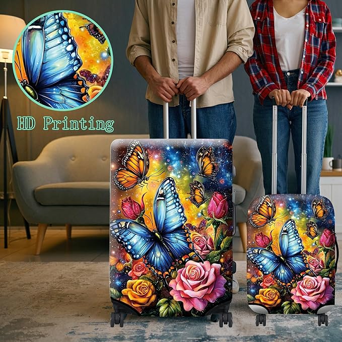 Luggage Cover + Tag, Colorful Rose Butterfly Travel Suitcase Cover for 24 inch Luggage (M) with Concealed Zipper, Washable Elastic Cloth, Dustproof, Anti-Scratch