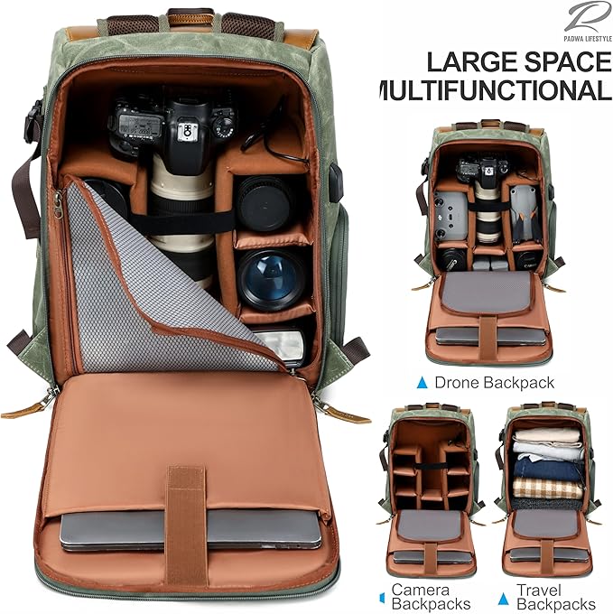 Padwa Lifestyle Green Camera Backpack - Waxed Memory Canvas Camera Bag, Multi DSLR SLR Large Camera Backpacks for Photographers with 16” Laptop & Lens Compartment and Tripod Holder & Weather Resistant