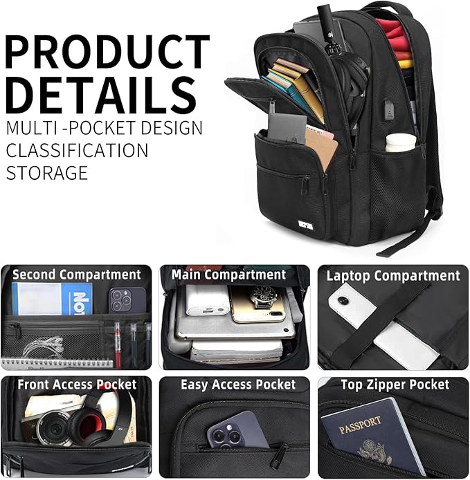 Black Backpack for School, School Backpack for Boys Girls Teens, College Book Bag, Water Resistant Bookbag, Back Pack for Men Women, Business Work Travel