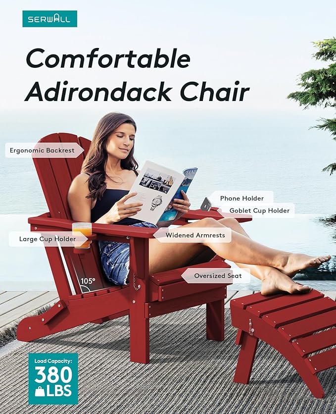 SERWALL Adirondack Chair with Cup Holders - Composite Adirondack Chairs Set of 6 HDPE Outdoor Chairs All Weather Use- Dark Red