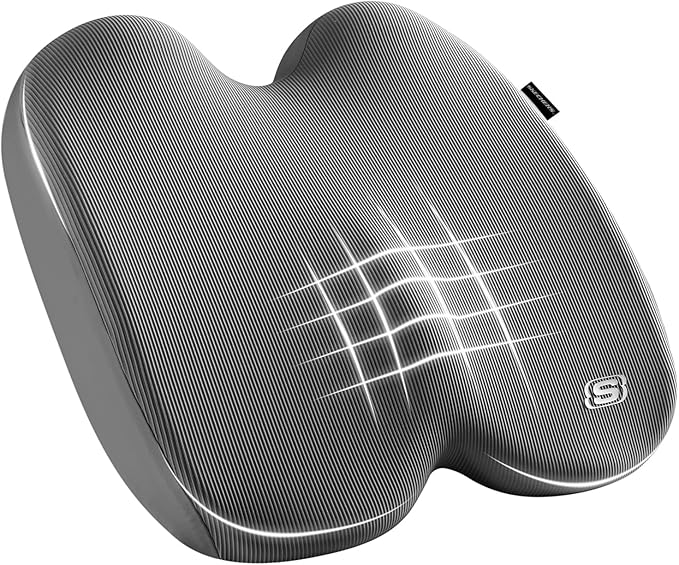 Skechers Memory Foam Seat Cushion,Ribbed Fabric Office Chair Cushion for Tailbone Pain Relief,Butt Pillow for Office Chair,Car Seat Cushion,Long Sitting Office Workers,and Car Drivers,Gray