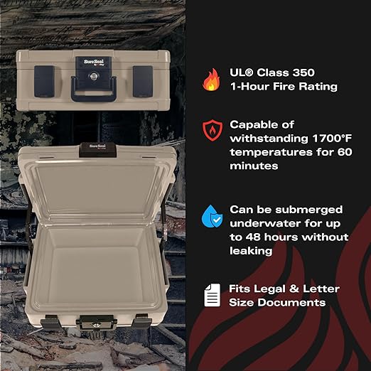 FireKing SureSeal Fire Safe with Key Lock, 1 Hour Fire Rated, UL Rated & 100 Hour Water Resistant Home Safe, Portable Home Safes, Taupe