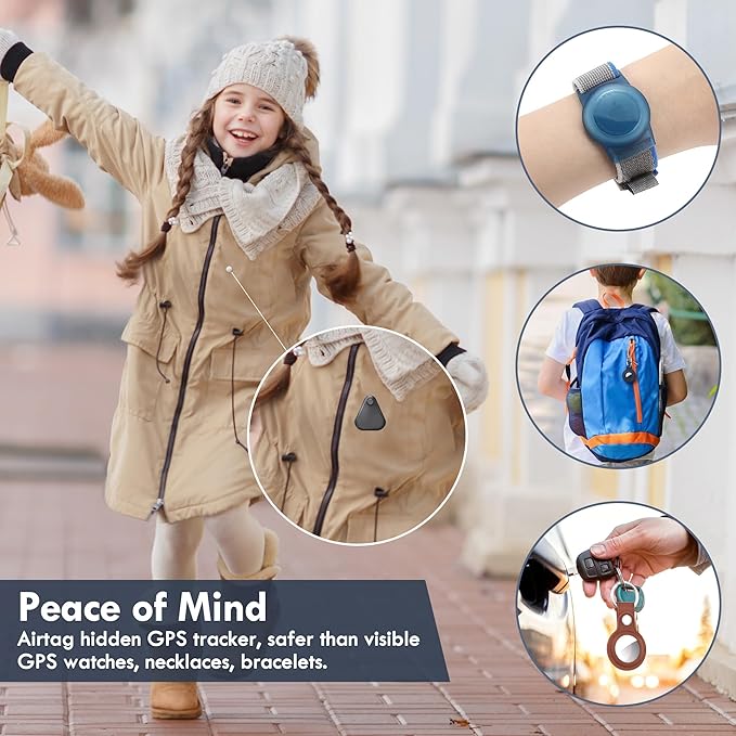Airtag Holder for Kids Hidden 2 Pack Upgraded GPS Tracker Case, Anti-Removal Airtag Hard Case with Safety Pins, Avoid Airtag Loss, Suitable for Children, Elderly, Pets, Backpack, Luggage(White Black)