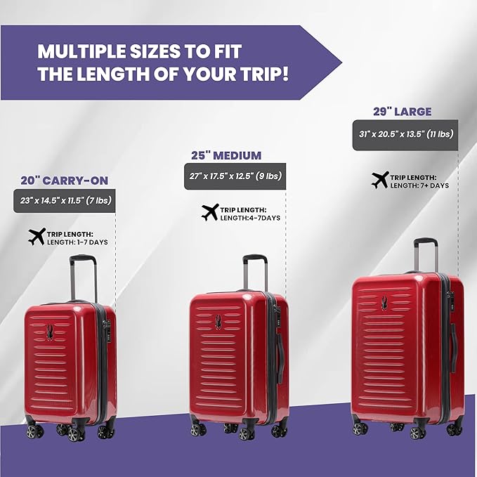 Spyder Rails 20 Inch Expandable Hardside Upright Suitcase with 360° Spinner Wheels, TSA Approved Lock, Red