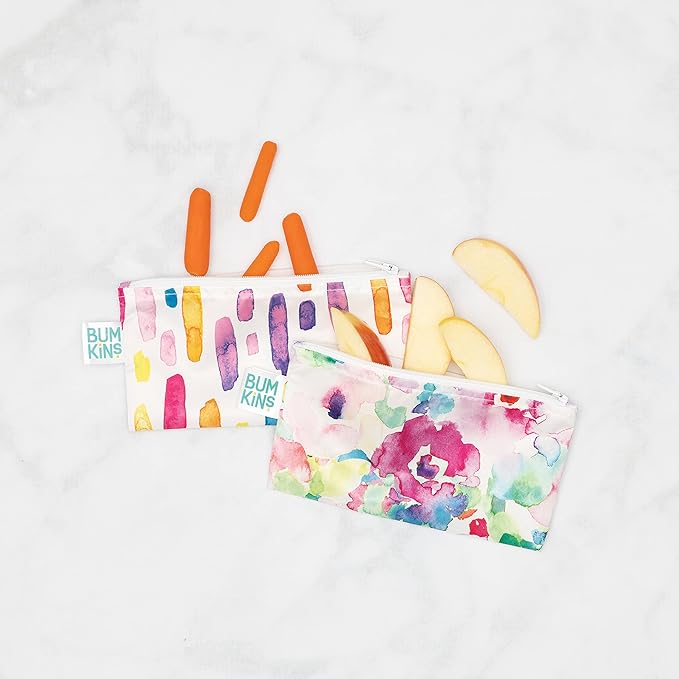 Bumkins Reusable Snack Bags, for Kids School Lunch and for Adults Portion, Washable Fabric, Waterproof Cloth Zip Bag, Supplies Travel Pouch, Food-Safe, 2-pk Watercolors and Brushstrokes