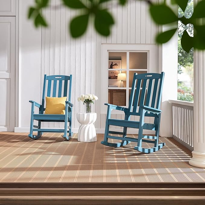 Psilvam Oversized Outdoor Rocking Chair, with 21" Wide Seat and 32" Tall Backrest, Pre-Assembled with Most Components for Effortless Installation (Blue)