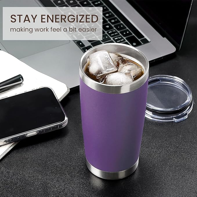 MEWAY 20oz Tumbler 4 Pack Double Wall Vacuum Insulated Travel Mug Bulk, Stainless Steel Tumblers with Lid and Straw, Durable Powder Coated Coffee Cups for Cold & Hot Drinks (Purple, 4)