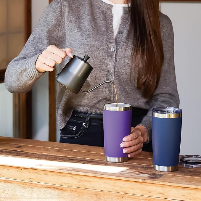 MEWAY 20oz Tumbler 4 Pack Double Wall Vacuum Insulated Travel Mug Bulk, Stainless Steel Tumblers with Lid and Straw, Durable Powder Coated Coffee Cups for Cold & Hot Drinks (Purple, 4)
