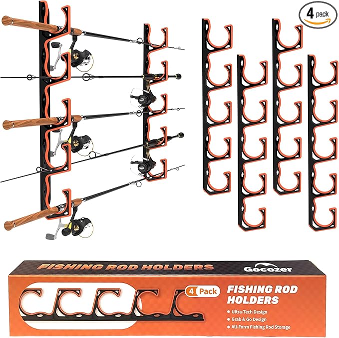 Fishing Rod Holder for Garage, H5 Wall or Ceiling Mounted Fishing Pole Holders with Soft Protective Pad, Fishing Rod Storage Organizer, Horizontal Fishing Rod Wall Mount Nets Storage (4 PACK)