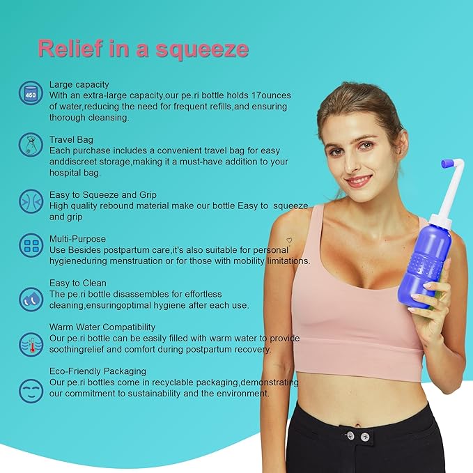 2PCS Pink+Blue Portable Bidets +Water Seal Cap - 15oz Peri Bottle for Postpartum Perineal Care- Baby Travel Bathing kit, Travel Bidet Bottle - 450ml Portable Bidet for Birth Tears, Hemorrhoids, Pain