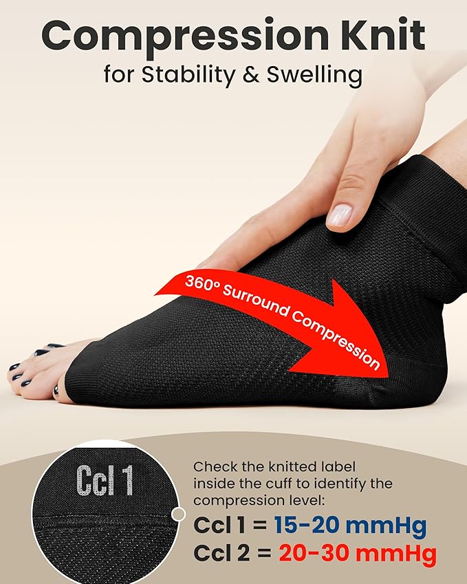 KEMFORD Ankle Compression Sleeve - 2-Pack, Plantar Fasciitis Braces - Open Toe Compression Socks for Swelling, Sprain, Neuropathy, Foot Arch Support for Men and Women - 20-30mmhg, M, Black
