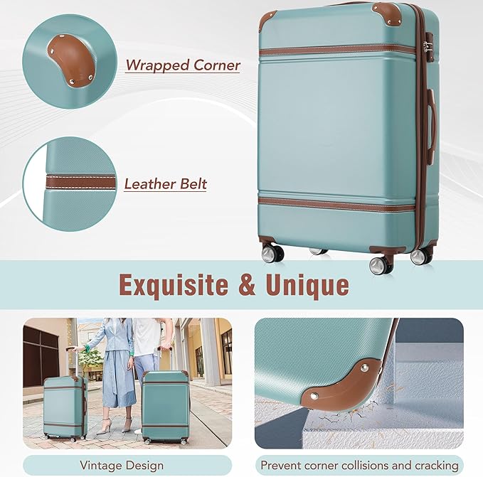 Merax Luggage Set 2 Piece Suitcase Set with Cosmetic Case Expandable Spinner Wheels Vintage Luggage Sets(Blue Green,20"+28")