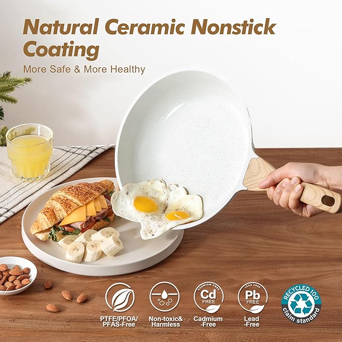 SENSARTE Nonstick Frying Pan Skillets, White Ceramic Coating Omelette Pans, Healthy Cookware Chef's Pan, Free of PTFE & PFAS (9.5+11+12.5 Inch)