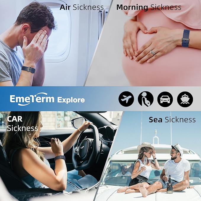 EmeTerm Explore FDA-Cleared Anti-Nausea Wristband IP67 Waterproof Morning Motion Sickness Relief Band Rechargeable Classic Strap Design Drug Free Non-drowsy Without Side Effects Navy Blue
