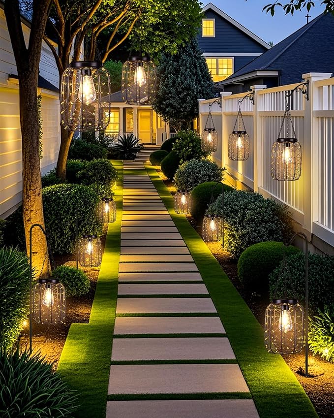 Hanging Solar Lanterns Outdoor Waterproof, Vintage Copper Hanging Lantern Lights for Outside, Solar Chandelier Outdoor Idea for Yard Garden Pathway Gazebo Pergola Porch Decor (4)