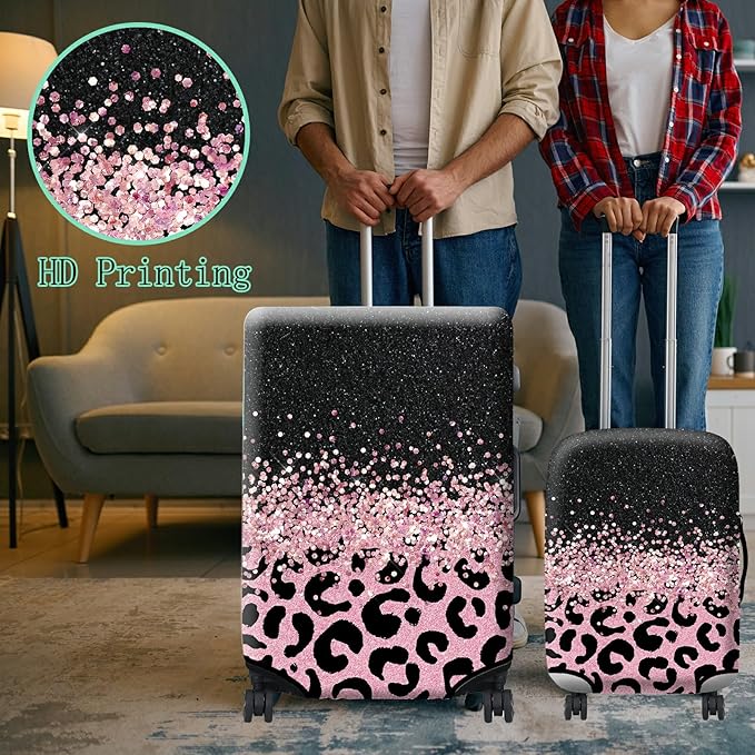 Luggage Cover + Tag, Pink Leopards Travel Suitcase Cover for 18-20 inch Luggage (S) with Concealed Zipper, Washable Elastic Cloth, Dustproof, Anti-Scratch