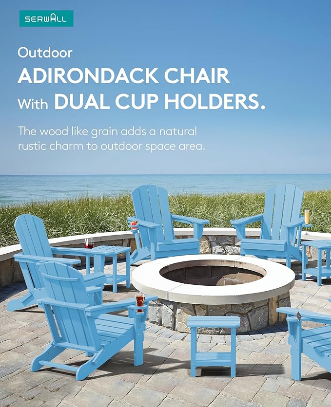 SERWALL Adirondack Chair with Cup Holders - Composite Adirondack Chairs HDPE Outdoor Chairs Set of 2 All Weather Use- Light Blue