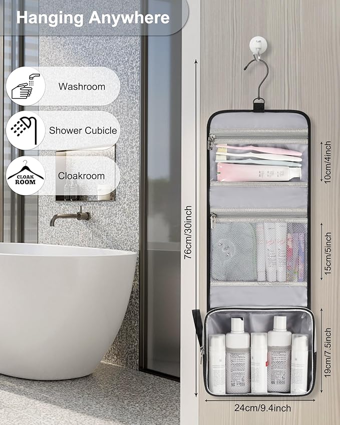 Small Hanging Toiletry Bag for Men and Women, Portable Hanging Organizer for Travel-Sized Shower Dopp Kit, Makeup Accessories, Waterproof Toiletries Organizer with 3 Compartments for Outdoor - Black