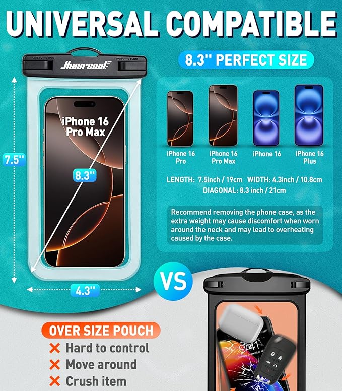 Hiearcool Waterproof Phone Pouch, Water Proof Phone Case for iPhone, Waterproof Cell Phone Dry Bag for Cruise Travel Vacation Essentials Large Waterproof Phone Holder 4 Pack-Black&Clear