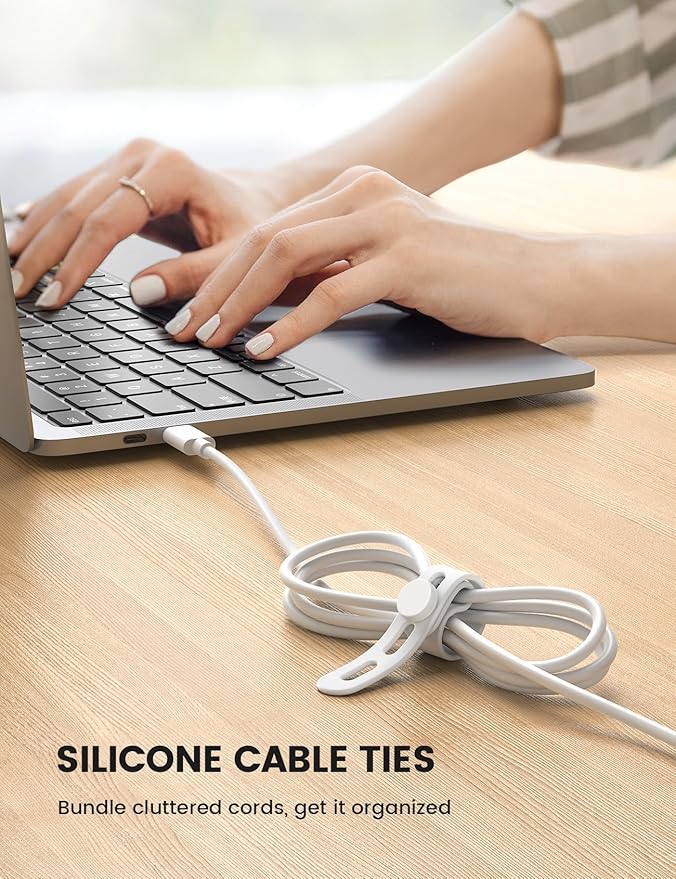10Pack Silicone Cable Ties Cord Organizer - Lamicall Elastic Wire Ties Management, Travel Must Haves, Halloween Desk Home Office Workspace Accessories, Dorm Room Essentials, White Cable Keeper