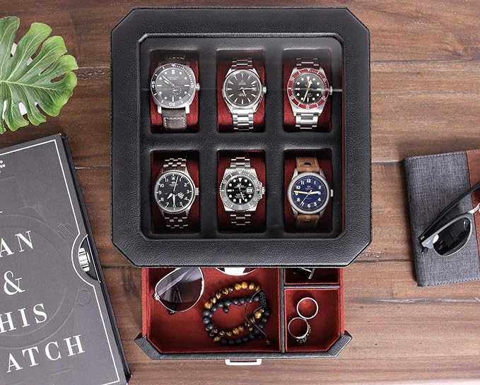 ROTHWELL Gift Set 6 Slot Leather Watch Box and 2 Watch Travel Case - Luxury Case Organizer, Microsuede Liner, Locking Mens Jewelry Watches Holder, Storage Boxes Glass Top (Black/Red Gift Set)