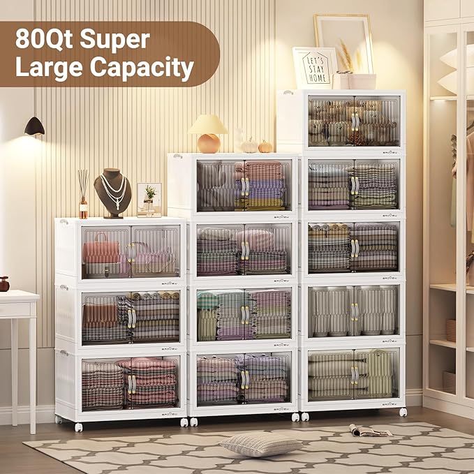 BROVIEW 240Qt Stackable Storage Bins with Lid, Extra Large Closet Organizer Collapsible Drawer Boxes with Wheels, Folding Plastic Cabinet Containers for Home Kitchen Room Organization, 3Pack White