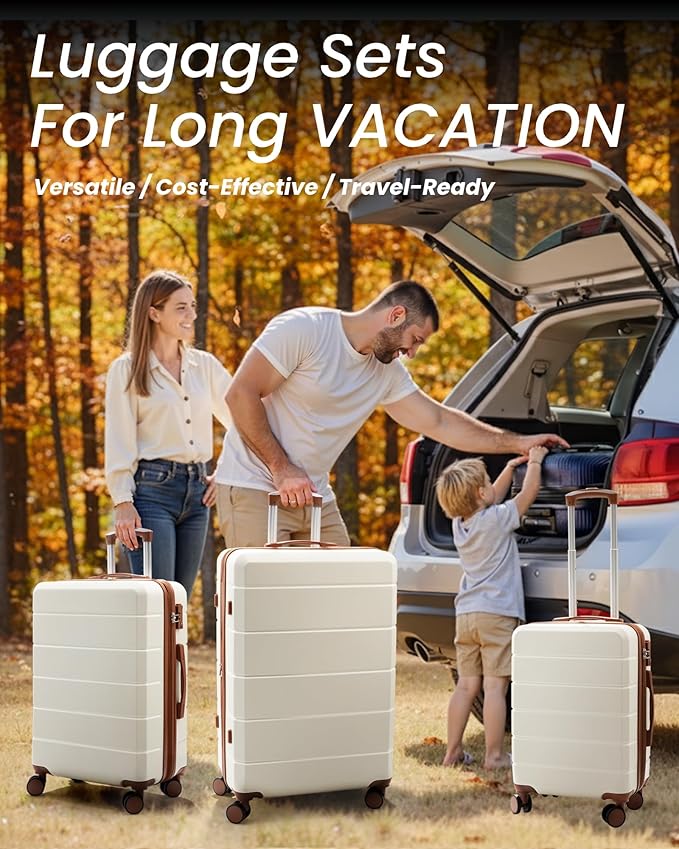 Luggage Sets 3 Piece, Expandable Hardside Suitcases with Wheels, White Brown