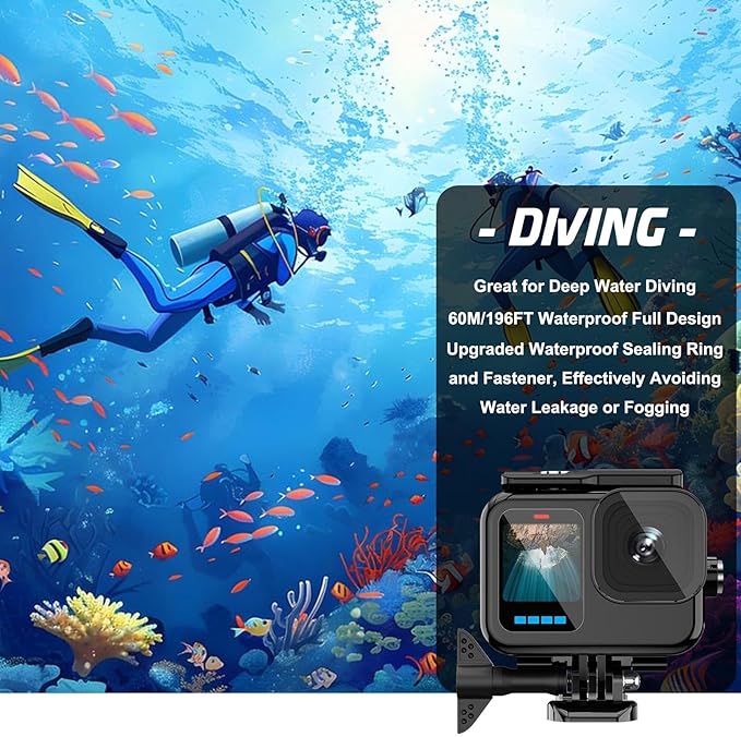 Compatible for Go Pro Hero 13 12 11 10 9 Black Waterproof Housing Case 60M/196FT Protective Underwater Diving Case Shell with Cameras Handle Mount Accessories Kit