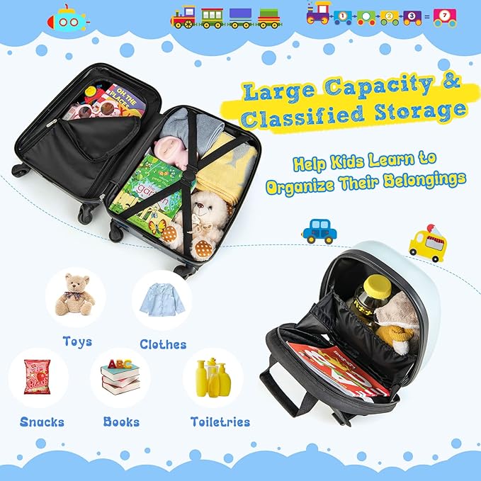 HONEY JOY Kids Luggage, 12" Toddler Backpack & 16" Travel Suitcase with Wheels, Lightweight Toddler Girls Suitcase, Durable ABS Hardshell, 2Pcs Carry On Luggage Set for Boys Girls(Car)